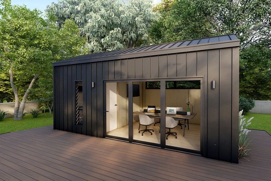 Sunshine Tiny Houses Banksia backyard office — black exterior with pitched roof